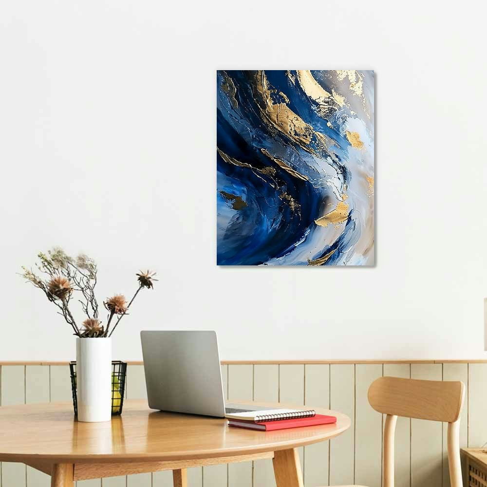 Nawypu Blue Gold Wall Art Poster Abstract Canvas Painting Navy And Decor Modern Artwork Print Home for Living Room Dining Bedroom