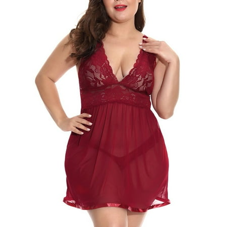 

Clearance Dress!MIARHB Ladies Sexy Lingerie Plus Size Lace Sexy Pajamas Night Two-Piece Wine XL