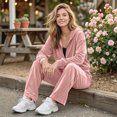 thumbnail image 5 of Szluipve Women Velvet 2 Piece Tracksuit Zip Up Hooded Long Sleeve Jacket High Waist Wide Leg Pants Casual Solid Loungewear Matching Set, 5 of 6