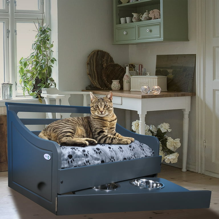 Iconic Pet Sassy Paws Multipurpose Wooden Pet Bed with Feeder for Dogs &  Cats - Charcoal Gray - Medium
