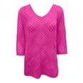thumbnail image 4 of Ounisa Boho Crochet Tops for Women 3/4 Length Sleeve V Neck Hollow Out Knit Sweater Shirt Summer Lightweight Beach Cover Ups, 4 of 5
