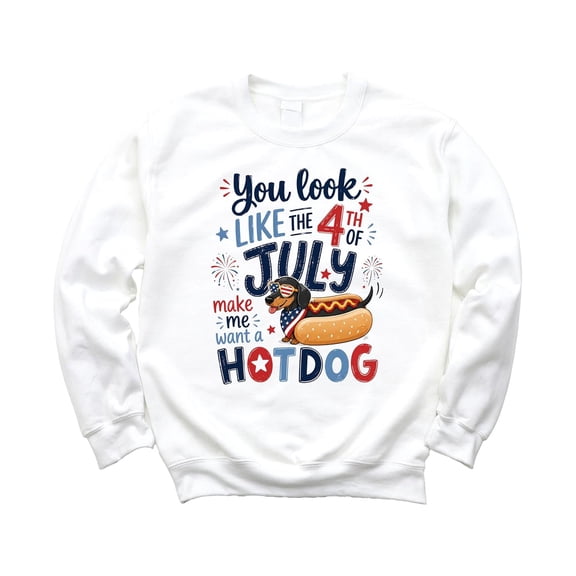 4th of July Hotdog Sweatshirt Funny Dachshund Patriotic USA Crewneck for Women Men Kids Family White Sweatshirt Youth Large