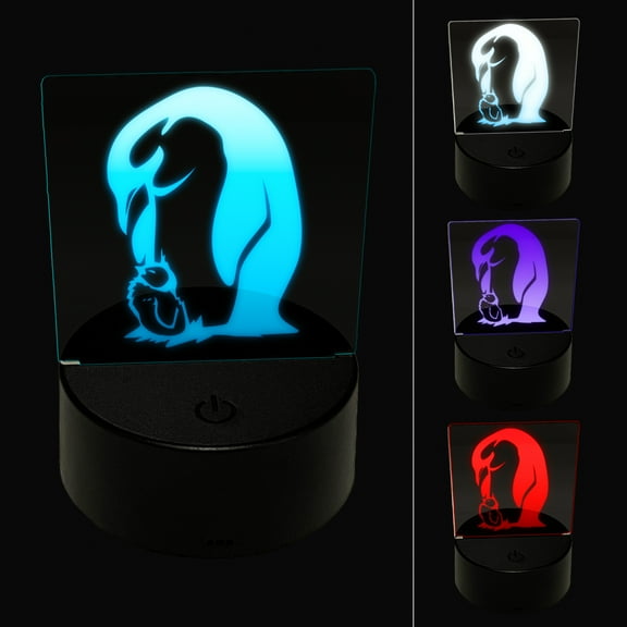 Cute Emperor Penguin Mother with Baby Chick LED Night Light Sign 3D Illusion Desk Nightstand Lamp