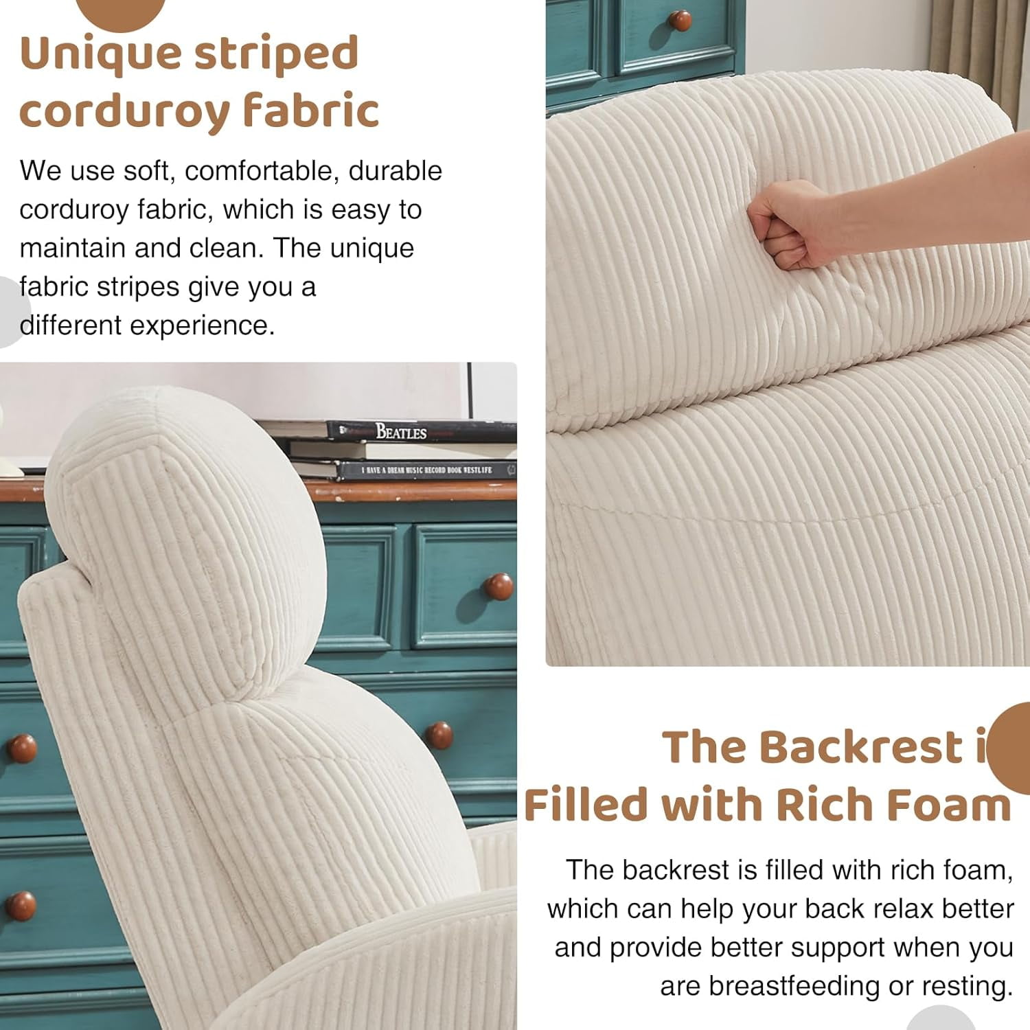 Aemeios Corduroy Swivel Rocker Glider Manual Recliner Nursery Rocking Chair with Double Pockets, White