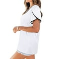 thumbnail image 3 of Femmes Rayure Couture Manches Courtes Col Rond T-shirt de Couleur Unie, 3 of 4