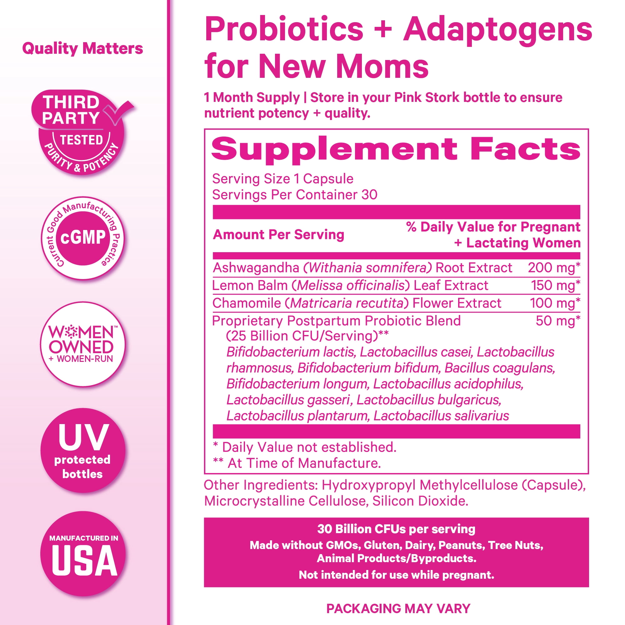 Pink Stork Postpartum Probiotics for Women with Ashwagandha and Chamomile, 30 Capsules