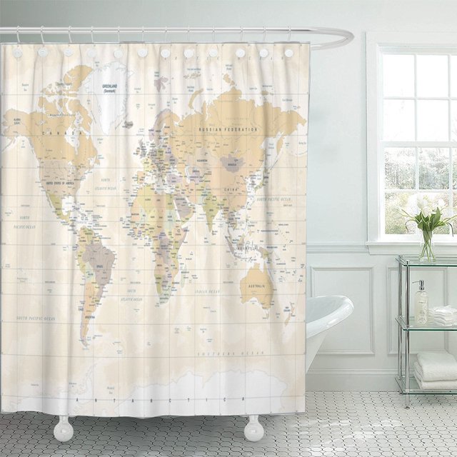 ABPHQTO Cortina de ducha de poliéster amarillo con mapamundi muy detallado de color beige, 152x180 cm