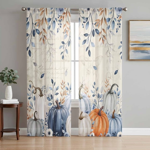 Navy Blue Pumpkins Fall Sheer Curtains 63 Inch Length 2 Panels Set, Thanksgiving Eucalyptus Leaves Weeping Window Treatment Rod Pocket Curtains Sheers for Bedroom/Living Room/Kitchen 52x"63"x2