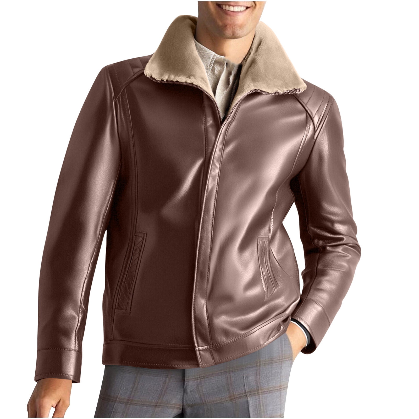LWITHSZG Faux Leather Jacket Men Motorcycle Trendy Winter Coats Long Sleeve Going Out Tops Thickened Warm Fleece Lined Casual Outerwear with Pockets