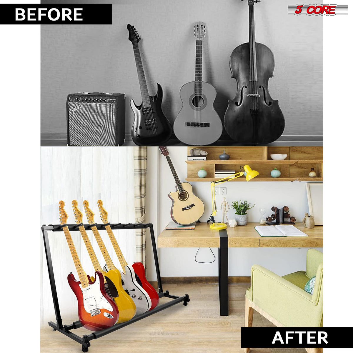 Guitar Rack 7 Slot Multi Guitar Stand Seven Display Floor Stand Safe Storage Foldable Portable for Electric Acoustic Flying V Guitars - GRack 7N1