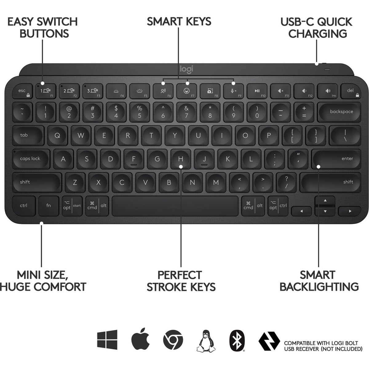 Logitech MX Keys Mini Minimalist Wireless Illuminated Keyboard, Compact, Bluetooth, Backlit, USB-C, Metal Build, Black