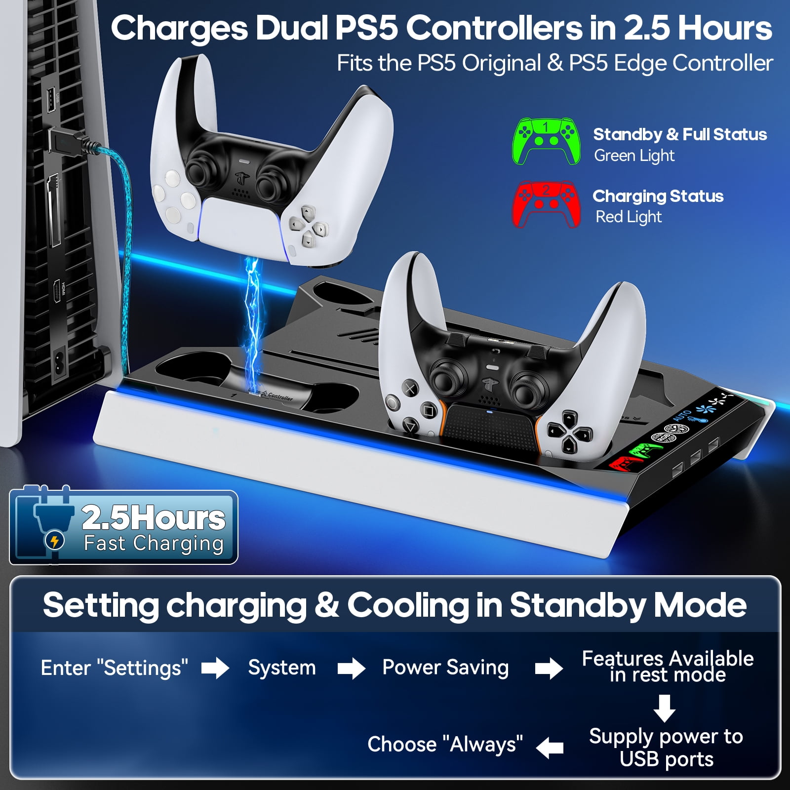Tokluck PS5 Stand Vertical for PS5 Slim/PlayStation 5, Automatic 3-Level Adjustable Cooling Fans, Dual Controller Charger for Dualsense & Edge Controller, PlayStation 5 Accessories