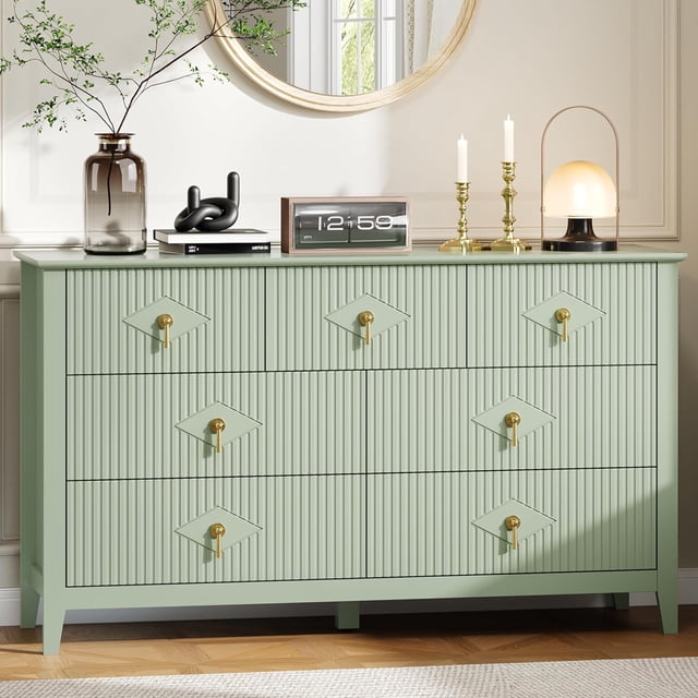 Ourlova Commode Cannelée 54 Pouces de Large Armoire Organisatrice de Rangement pour Salon Couloir Entrée Vert
