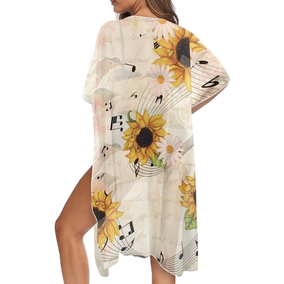 SCRAWLGOD Sunflower Daisy Print Swimsuit Coverup for Women Casual Quick Dry Beach Cover Up Music Notes Print Lightweight Soft Bathing Suit Cover Up