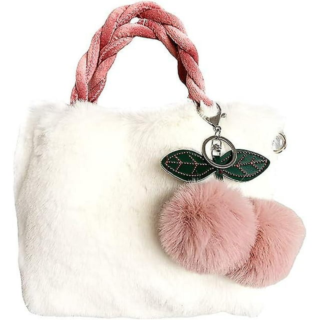 Women Tote Bag With Chain - Soft Plush Shoulder Bag Cute Crossbody Bag And Cherry Pendant For Girls Womens