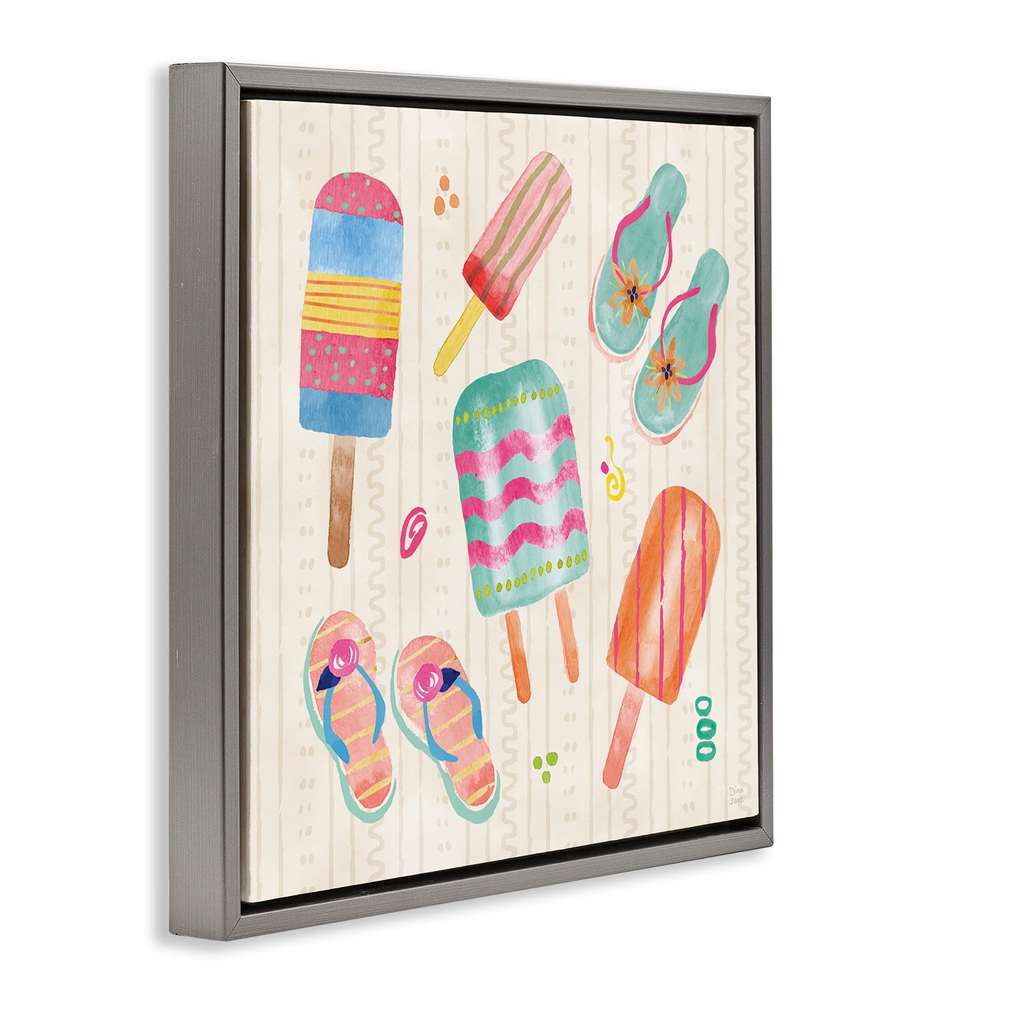 Stupell Industries Summer Popsicles & Sandals Gray Framed Floater Canvas Wall Art, design by Dina June
