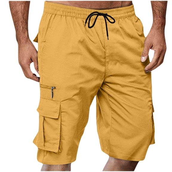 Big Men's Cotton Cargo Shorts Below Knee, Elastic Waist Drawstring Muti Flap Pocket Shorts, Lightweight Outdoor Hiking Shorts for Casual & Sports Wear Size S-5XL Yellow