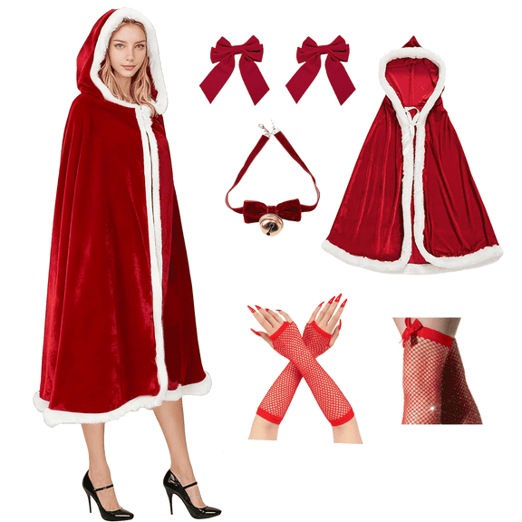 Alaiyaky Christmas Costume Women's Christmas Velvet Hooded Cape Mrs Claus Outfit Santa Lady Suit Socks Bells Bow Gloves for Christmas Party Cosplay