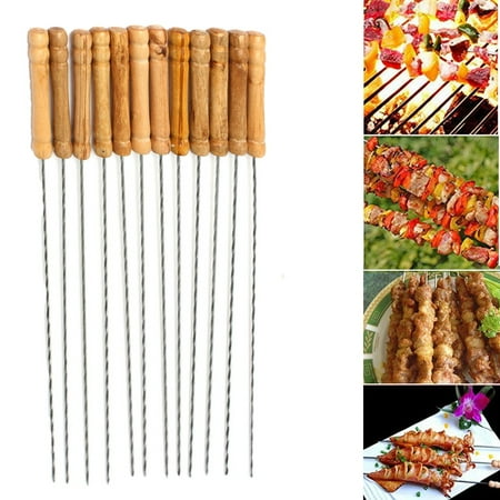 12Pcs Stainless Steel BBQ Roast Barbecue Skewer Grill Kebab Needles Stick Wood Handle,12