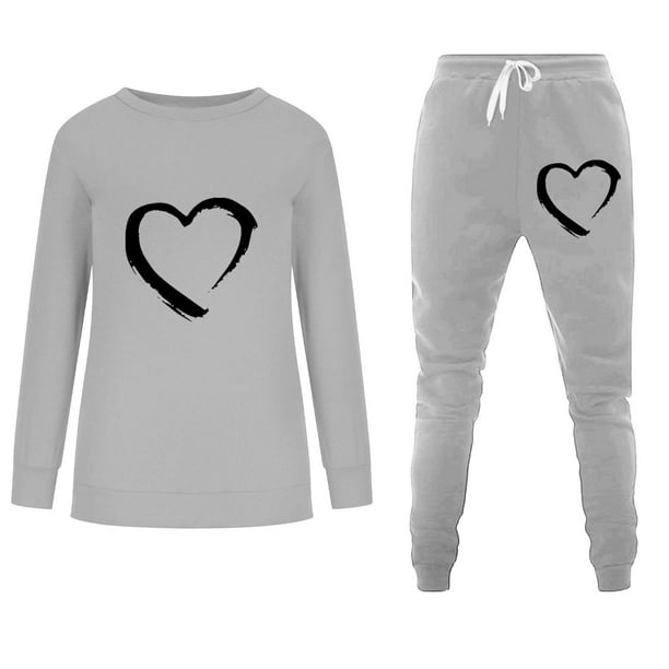 Bowake Two Piece Sweatsuit Sets for Women Heart Print Crewneck Sweatshirts  Baggy Sweatpants Fall Tracksuits Jogger Outfits