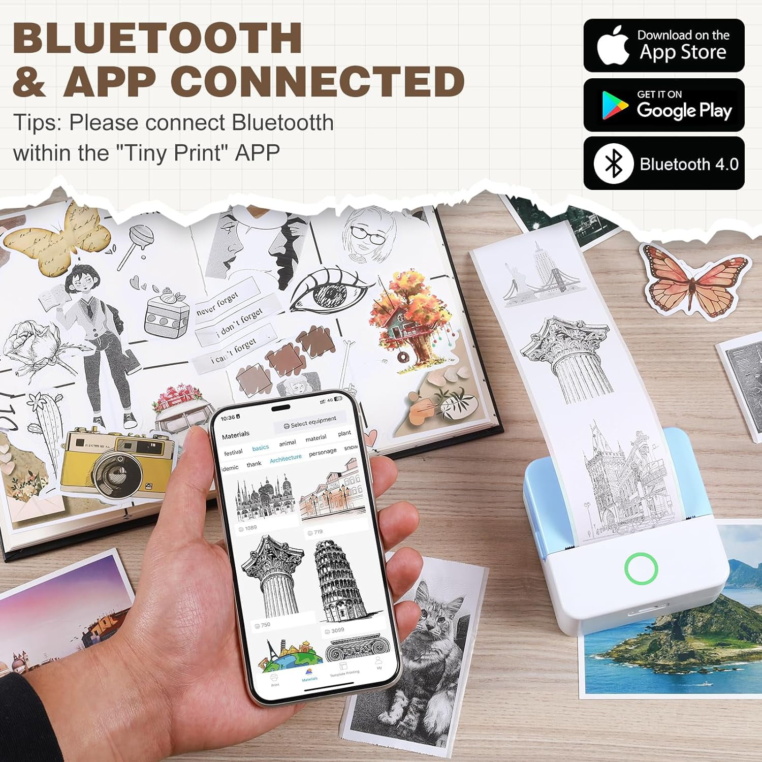 Thermal Mini Printer, Portable Inkless Sticker Maker, Bluetooth Printer for Phone, Wireless Label Printer with Tape, Free Cut Small Pocket Printer for Notes&Children DIY, Compatible with iOS&Android