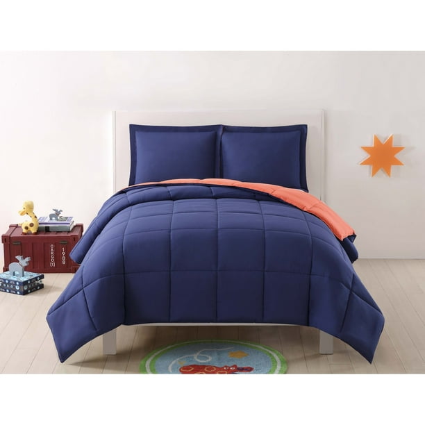 My World Solid Navy And Orange Reversible 3 Piece Full Queen Comforter Set Walmart Com Walmart Com