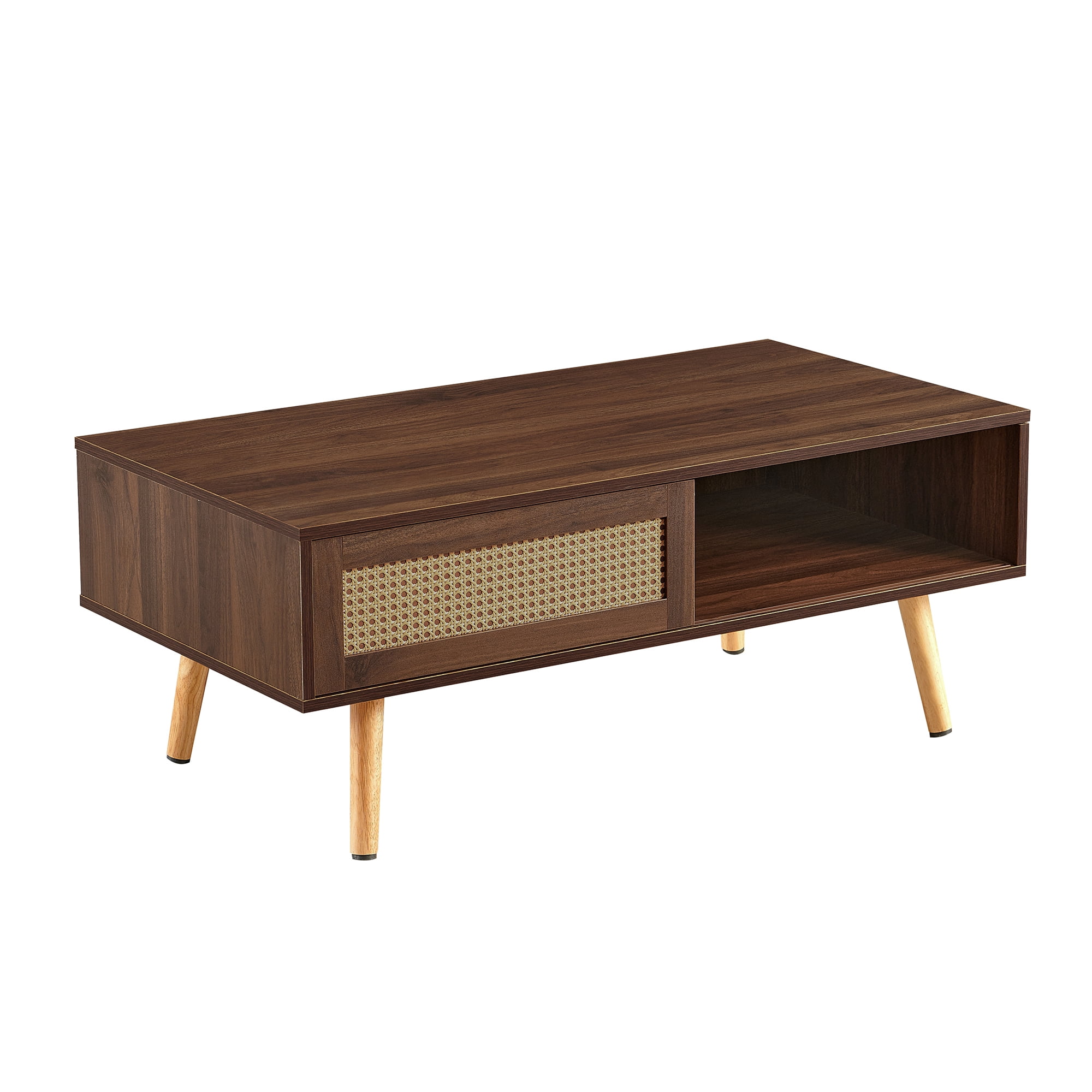 Leumius 41.3 Inch Rattan Coffee Table with Sliding Storage Door, Rectangle Wooden Accent Center Sofa Table with Solid Wood Legs,Suitable for Living Room,Walnut