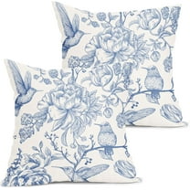 Chinoiserie Blue White Floral Pillow Covers 18X18 Inch French Country Vintage Flowers Bird Decorative Pillow Cases Set of 2 Seasonal Cotton Linen Throw Pillows Farmhouse Home Decor For Sofa Couch