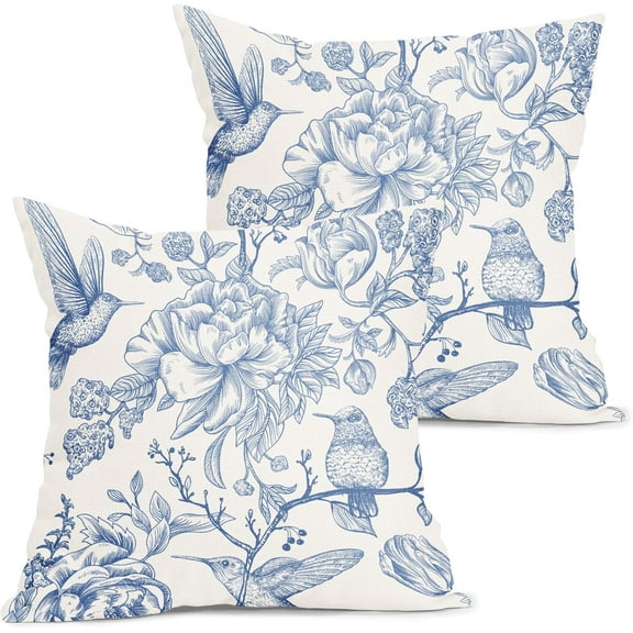 Chinoiserie Blue White Floral Pillow Covers 18X18 Inch French Country Vintage Flowers Bird Decorative Pillow Cases Set of 2 Seasonal Cotton Linen Throw Pillows Farmhouse Home Decor For Sofa Couch