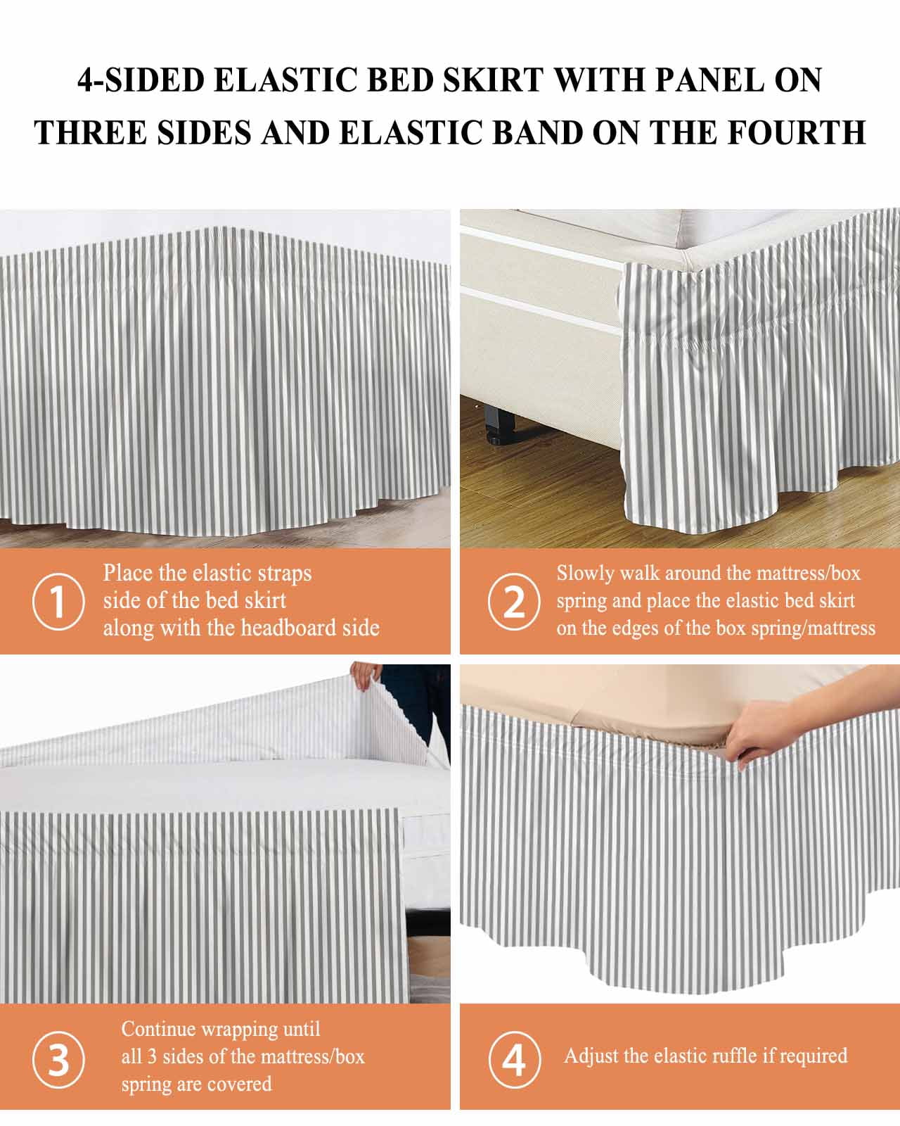 Grey and White Stripe Pattern Bed Skirt Queen Size 16&nbsp;Inch Drop, Simple Style Wrap Around Dust Ruffle Bedskirts, Wrinkle & Fade Resistant Easy Fit Bedskirt with Adjustable Elastic