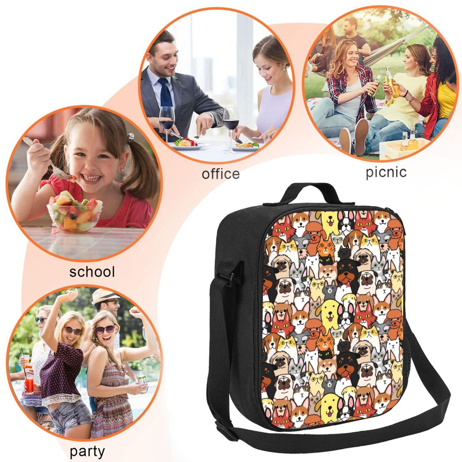 Ratiio Cats & Dogs Group Print Lunch Box - Reusable Lunch Bag Men Adult Women- Insulated LunchBox