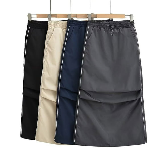 qolati Gothic Women's Half Skirt Work Dress Elastic Waistband Pleated A-Line Midi Skirt Casual High Waist Streewear Cargo Skirts