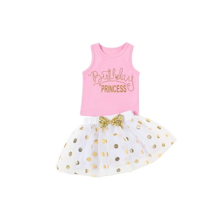 

IZhansean Summer Kids Girls Clothes 2pcs BIRTHDAY Letter Print Sleeveless Vest Tops+Polka Dot Tutu Skirts Set Pink 4-5 Years
