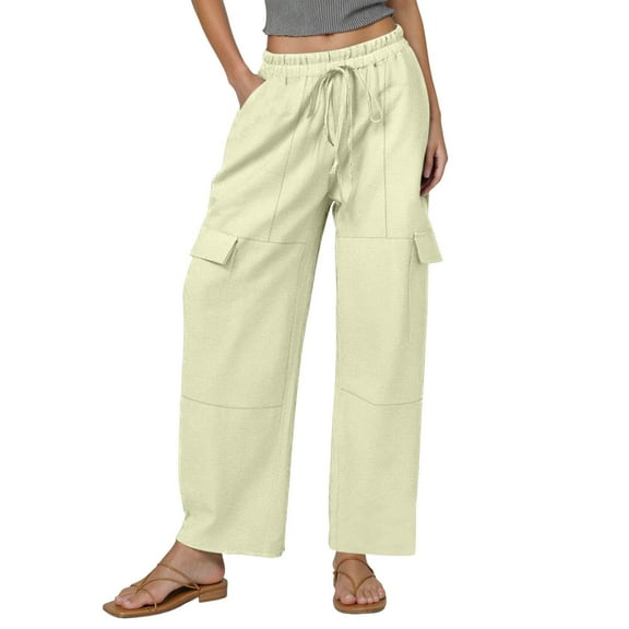DuoJiaJ Linen Pants Women Elastic High Waisted Drawstring Cargo Pants Baggy Wide Leg Pant Casual Beach Pant Lightweight Travel Casual Pants for Women