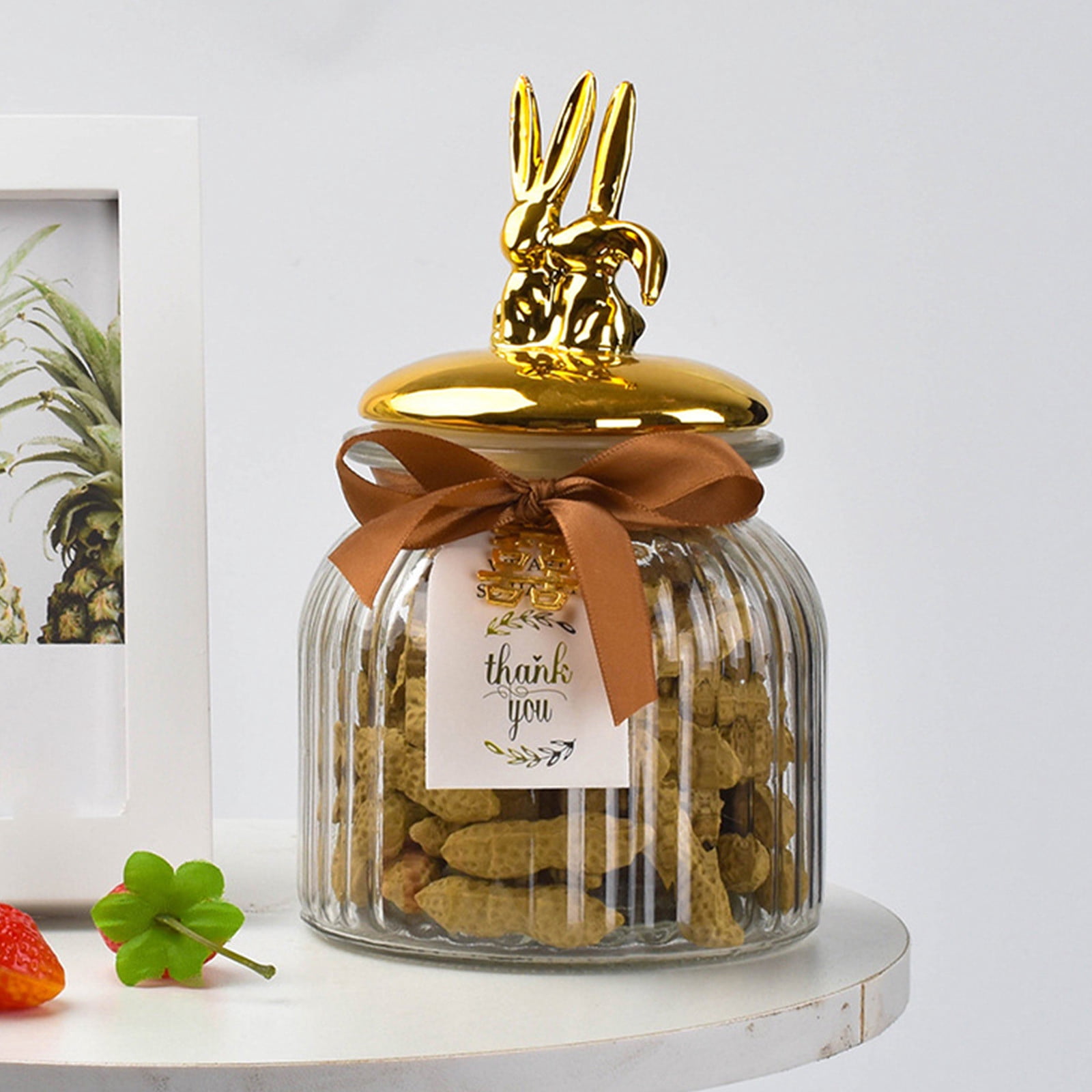 1 Pcs Easter Glass Jar with Lid Large Bunny Ear Egg Candy Jar Clear Decorative Food Storage Container Rabbit Egg Shape Storage Canister Easter Bunny Table Decor for Gift, 8.66x4.72x4.72in