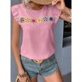 thumbnail image 6 of Women'S Floral Embroidery Blouse Crew Neck Short Sleeve Summer Boho Shirt Pink L, 6 of 9