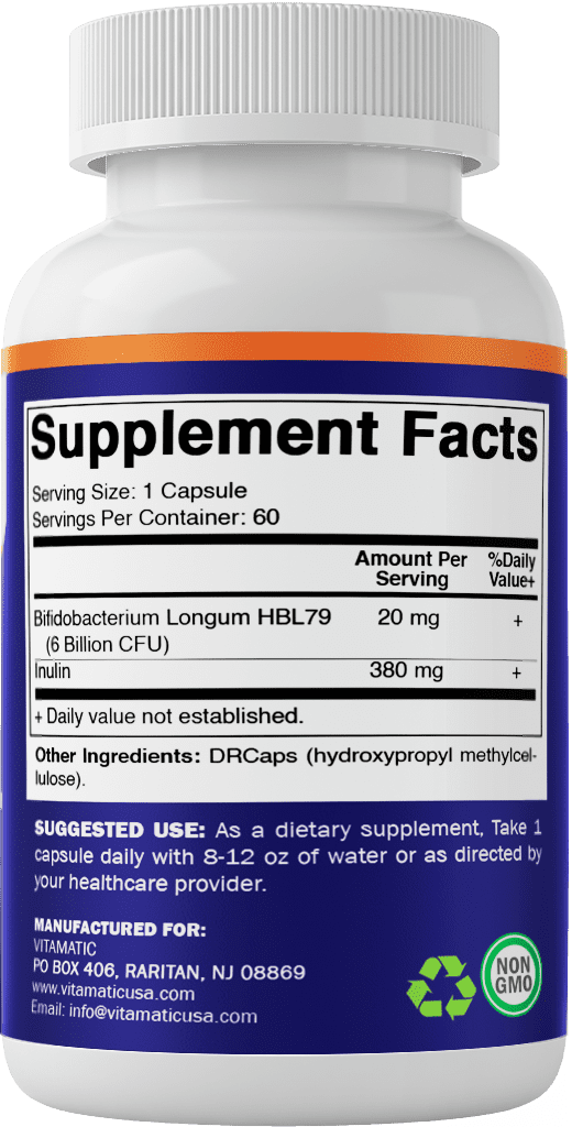 Vitamatic Bifidobacterium Longum 6 Billion CFU per DR Capsule - 60 Count - Promotes Intestinal Health - Made with Prebiotic Inulin Fiber- 2 Pack