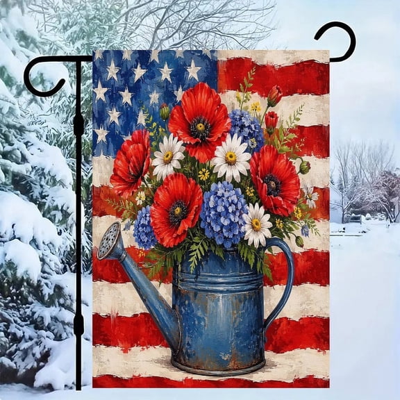 RKSupls Patriotic Linen Double Sided Garden Flag, Independence Day Themed Yard Decor, Watering Can Poppies American Flag Outdoor Banner for Holiday Lawn