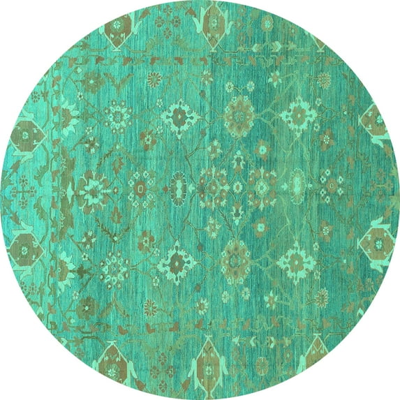 Ahgly Company Machine Washable Indoor Round Oriental Turquoise Blue Traditional Area Rugs, 8' Round