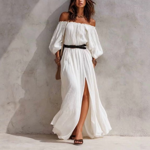 Morttic Women's Boho Solid Color Off Shoulder Maxi Dress with Side Slit – Puff Sleeve Casual Long Dress, No Belt Included White,S