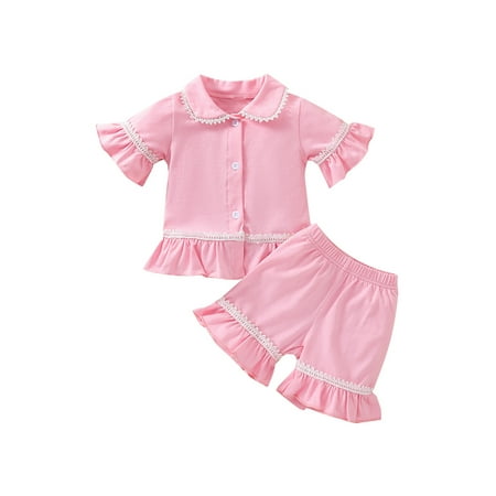 

ZIYIXIN Toddler Baby Girl Cotton Clothes Kids Ruffle Long Sleeve Peter Pan Collar Button Shirts Tops+Flare Pants Loungewear Pink 18-24 Months