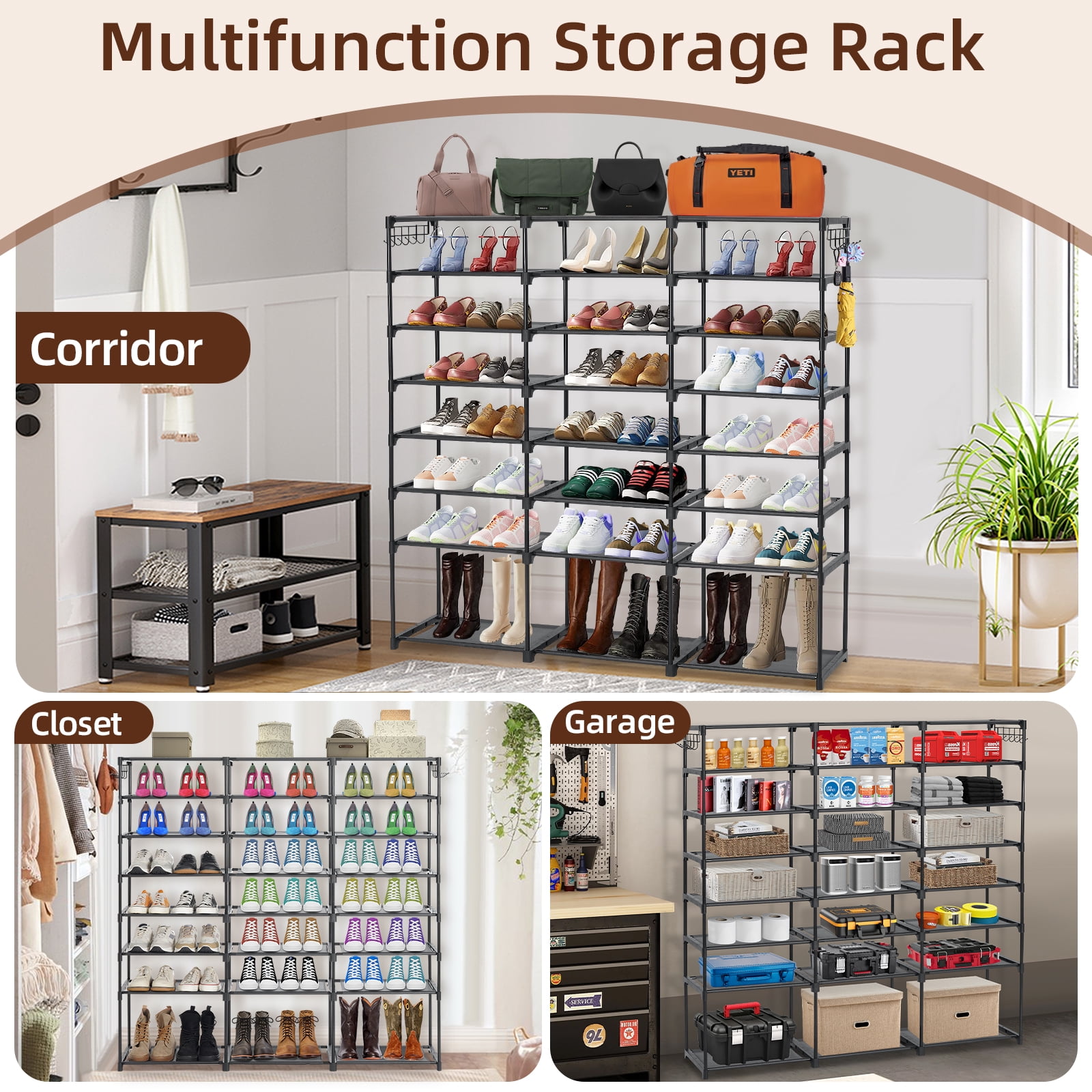 8-Tier Shoe Organizer HONEIER 48 Pairs Large Shoe Rack with 2 Hook Rack, Stackable Shoe Storage Cabinet for Shoe & Boots, Shoe Shelf for Closet, Entryway, Bedroom, Garage, Black