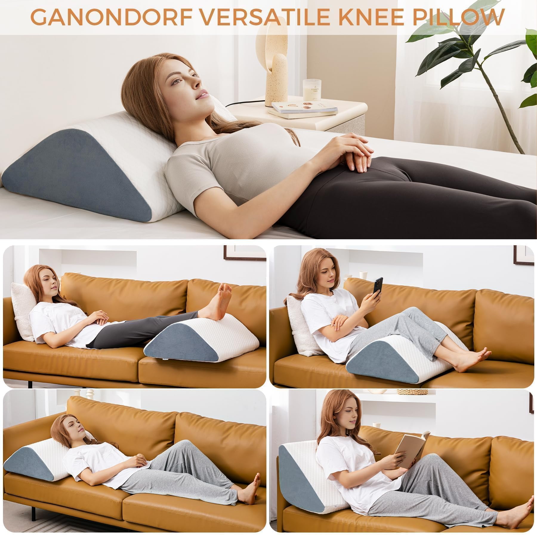 Ganondorf Knee Wedge Pillow 8'' for Post-Surgery Recovery - Leg Elevation Support for Sleep Position, Alleviating Lower Back & Hip Pain Enhancing Circulation in Ankles Legs Triangle Pillow White&Grey