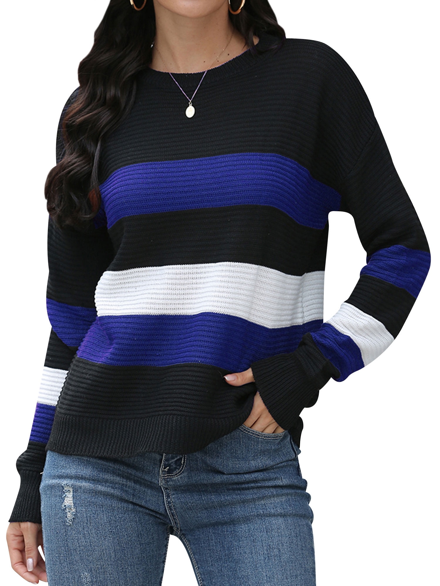 HUBERY Women Colorblock Stripe Crew Neck Long Sleeve Sweater - Walmart.com