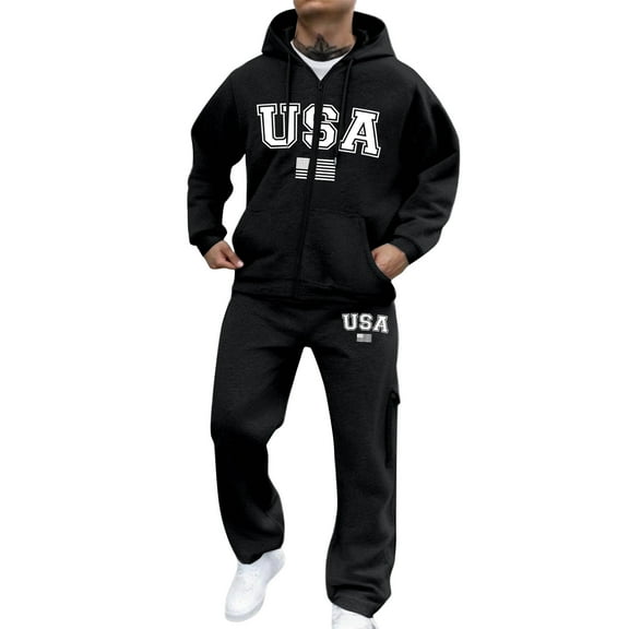 USA Men's Zippered Hoodie and Sweatpants Set, Casual Comfort Fit Fleece Two Piece Outfit for Sports and Daily Wear,Black,L