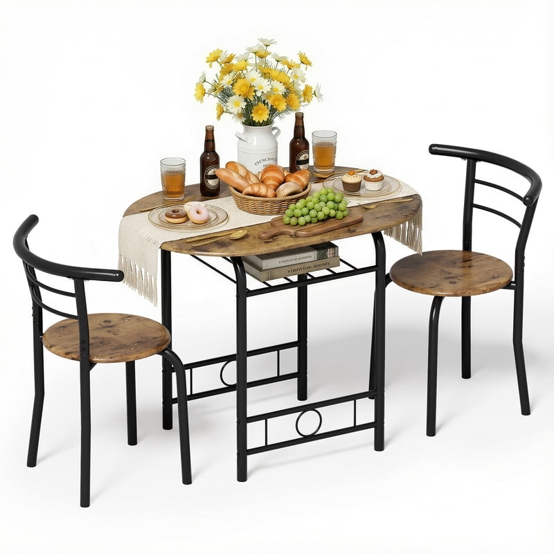 Vineego 3-Piece Dining Set for 2,Small Space Saving Kitchen Breakfast Table and 2 Wooden Chairs,Brown