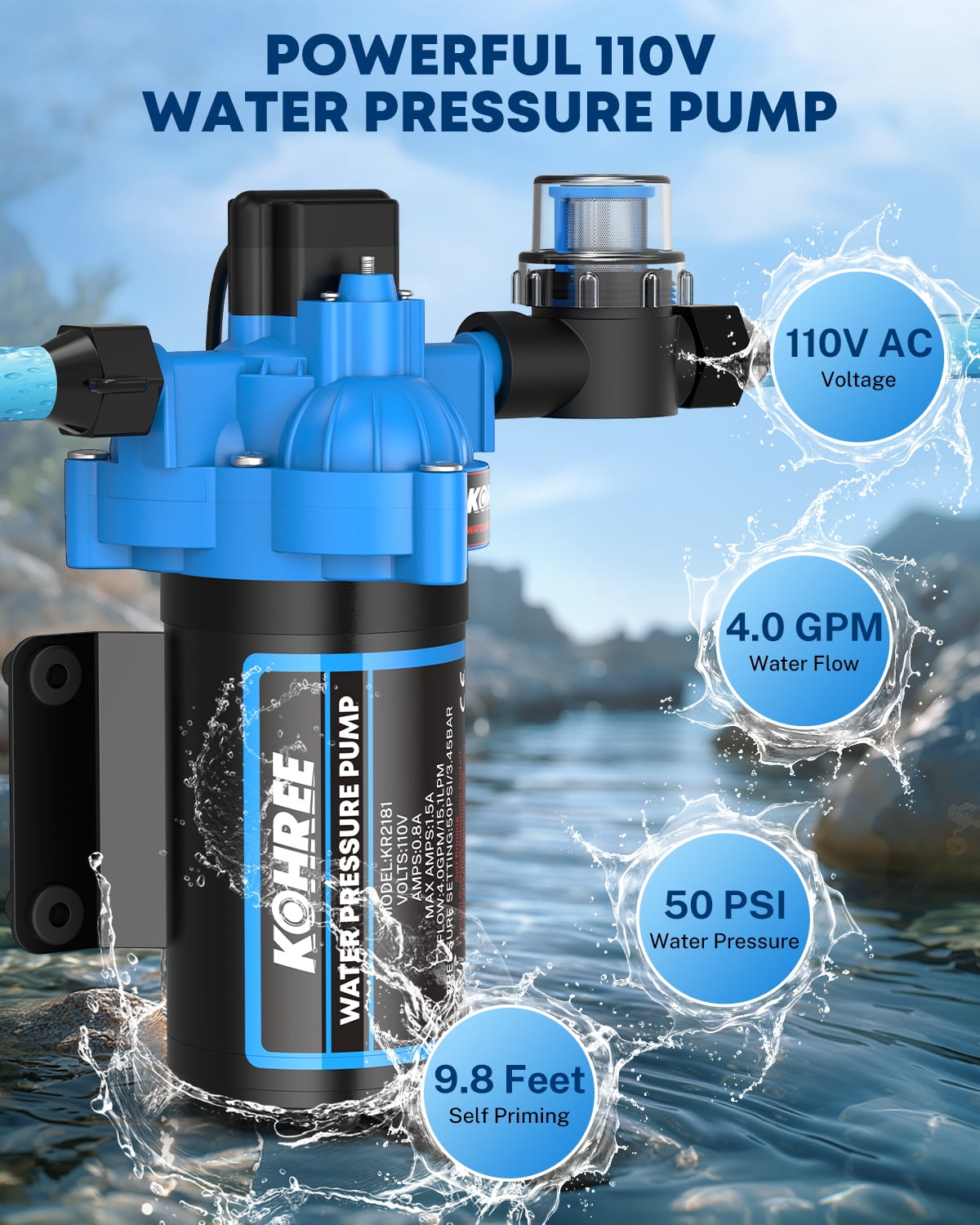 Kohree 110V AC Water Pressure Pump, 4GPM 50PSI Self-Priming RV Water Pump, On Demand RV Fresh 3-Chamber Diaphragm Water Pump, Pressure Switch & Strainer for Home, Garden, Marine, Off-Grid Use