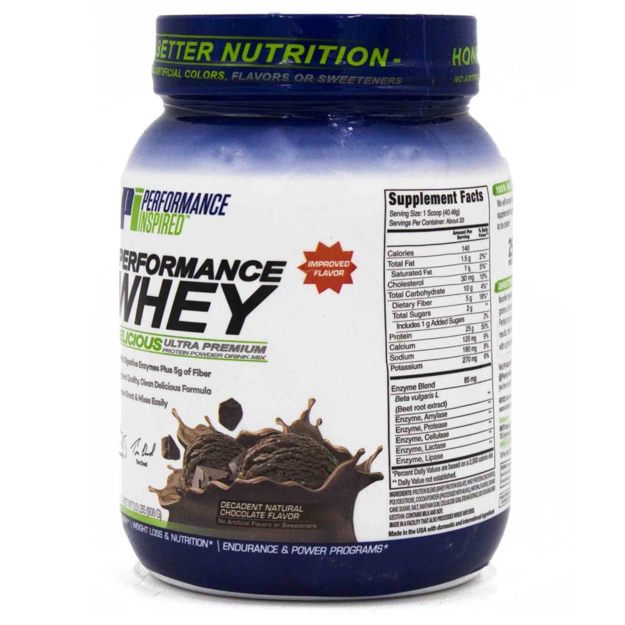 Performance Inspired Nutrition - Whey Protein Powder - All Natural - 25G - BCAAs - Digestive Enzymes - Decadent Chocolate - 2 Lbs