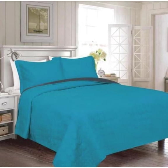 JULIAN AQUA AND GRAY COLOR REVERSIBLE PLUSH BEDSPREAD SET 3 PCS KING SIZE