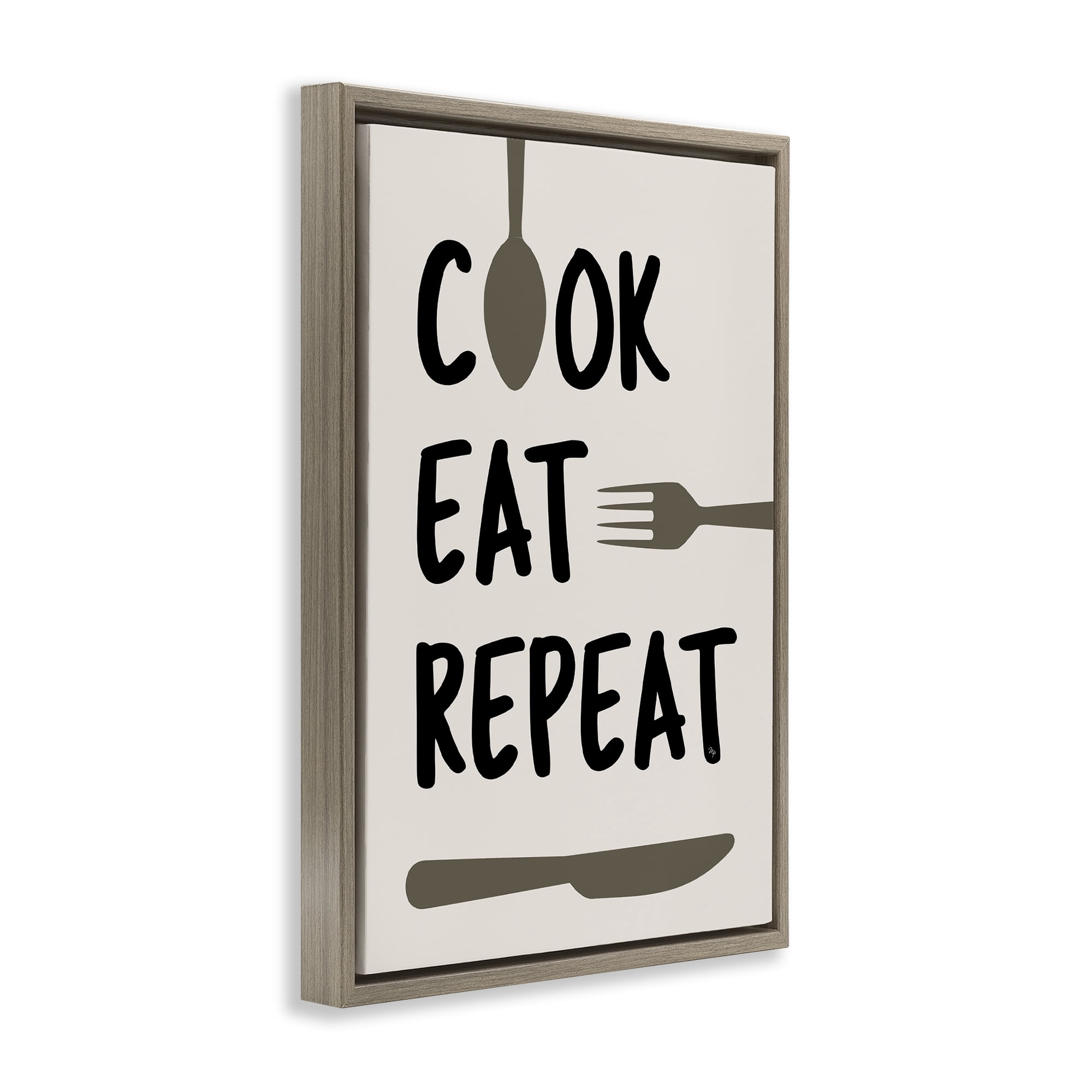 Stupell Industries Cook Eat Repeat with Utensils Brown Framed Floater Canvas Wall Art, design by Martina Pavlova